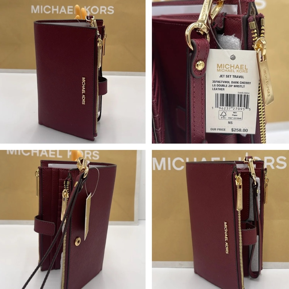 Michael Kors Jet Set Travel LG Double Zip Wristlet Wallet Leather Dark Cherry - Picture 8 of 16